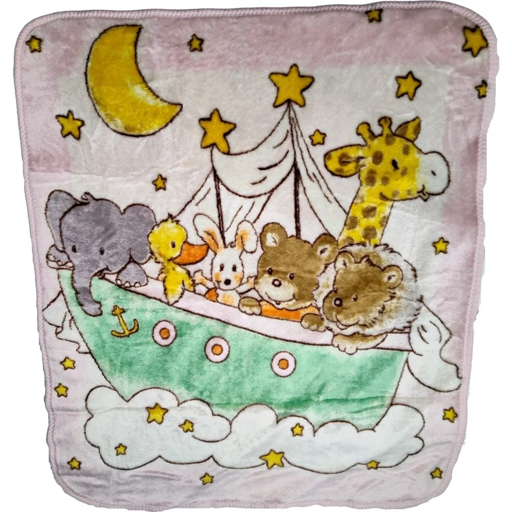 Baby Mink Pink‎ Animals On Boat Star Moon Ship 45x50 Vtg htf Blanket Elephant